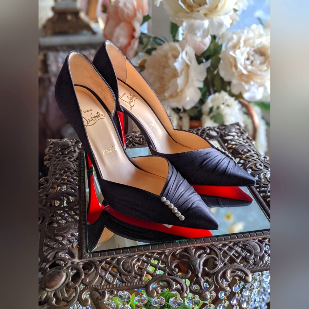 louboutin 38 black satin cosmo embellished iriza 100mm